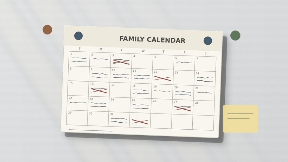A family calendar showing cancelled plans as a sign of codependency in a household affected by addiction