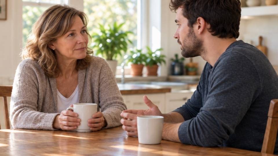 A mother and adult son talking at a kitchen table about how to help an addict in the family.