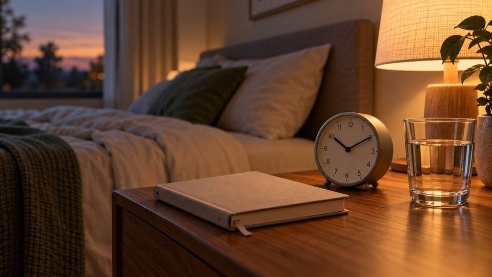 Clock, closed notebook and water glass on a bedside table