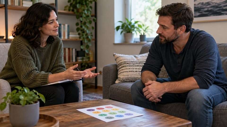 Counselor and adult client discussing a mood chart.