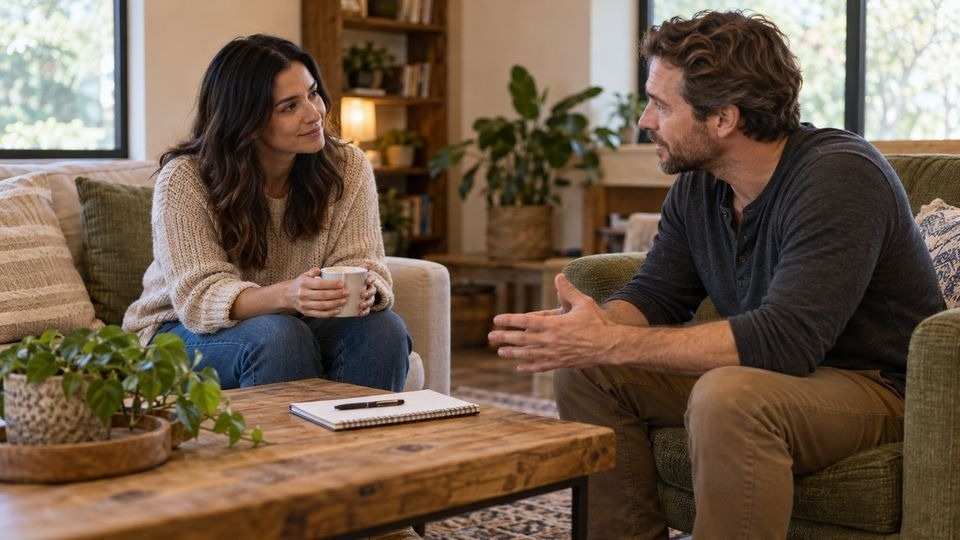 Counselor and adult client discussing a treatment plan in a welcoming lounge.