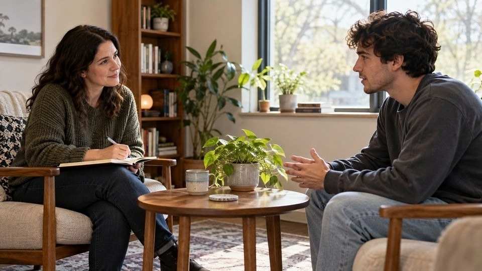 Counselor and young adult talking in a comfortable counseling room.