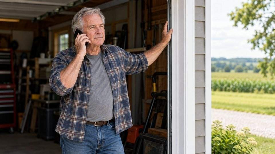 A man speaking on the phone from his garage doorway,