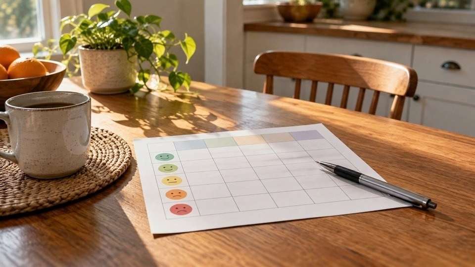 Blank mood tracking chart and pen on a kitchen table.