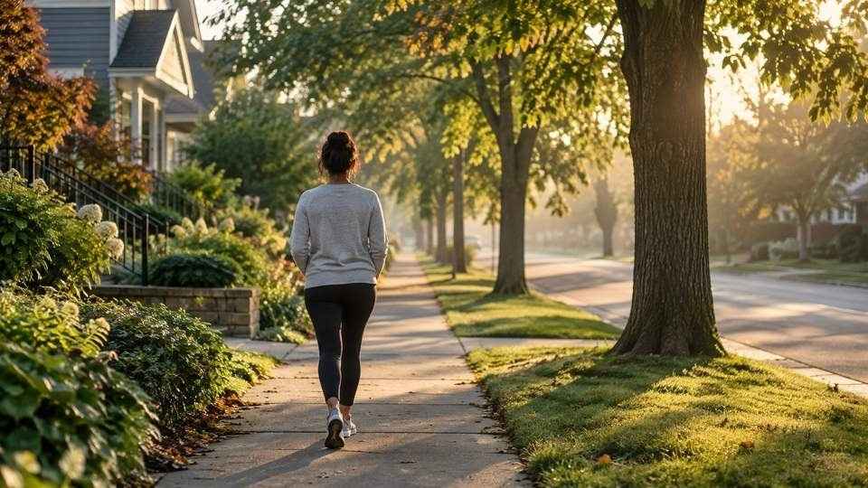 Person walking along a quiet tree-lined residential street.
