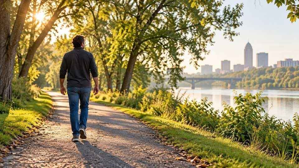 An adult walking on a tree-lined path beside the river in morning light.