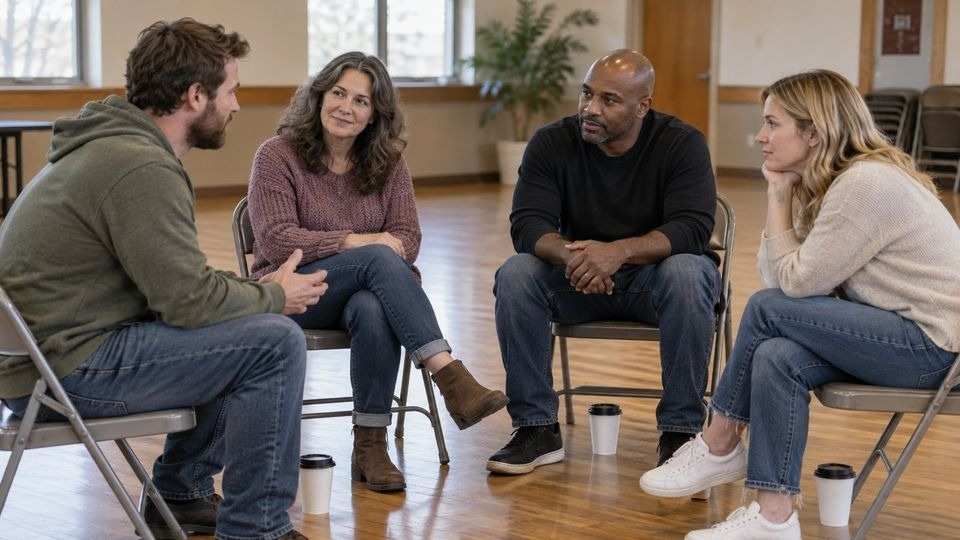 Four adults talking together in a community support group