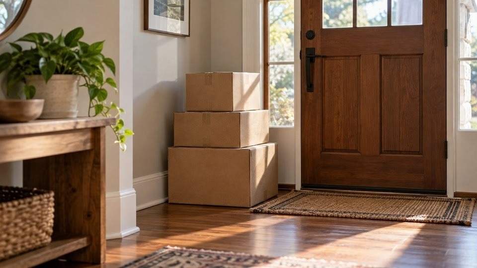 Unopened delivery boxes stacked beside a front door.
