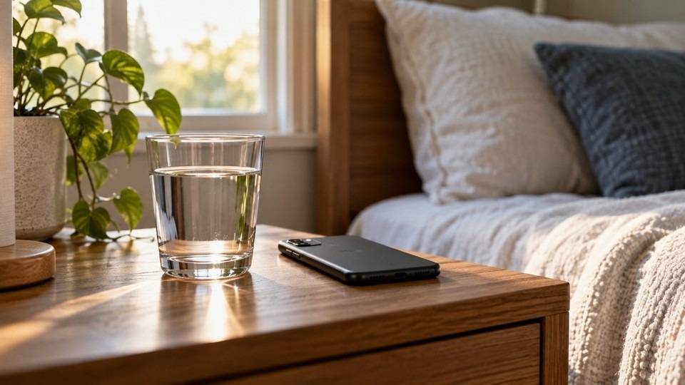 Glass of water and a phone on a bedside table in morning light.